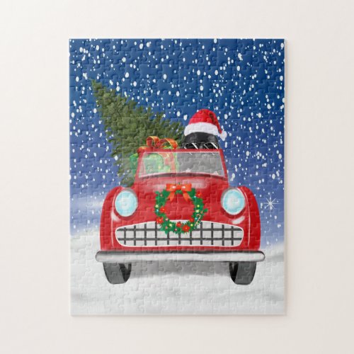 Newfoundland Dog Driving Car In Snow Christmas  Jigsaw Puzzle