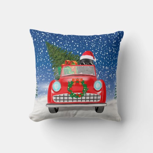 Newfoundland Dog Driving Car In Snow Christmas Throw Pillow