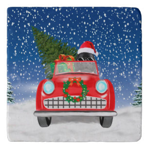 Newfoundland Dog Driving Car In Snow Christmas Trivet
