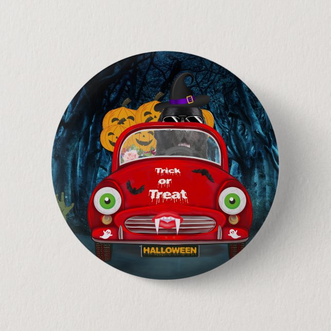 Newfoundland Dog Driving Car Scary Halloween Button (Front)