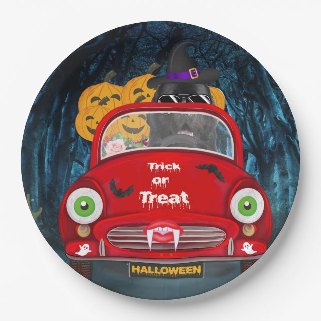 Newfoundland Dog Driving Car Scary Halloween Paper Plates (Front)