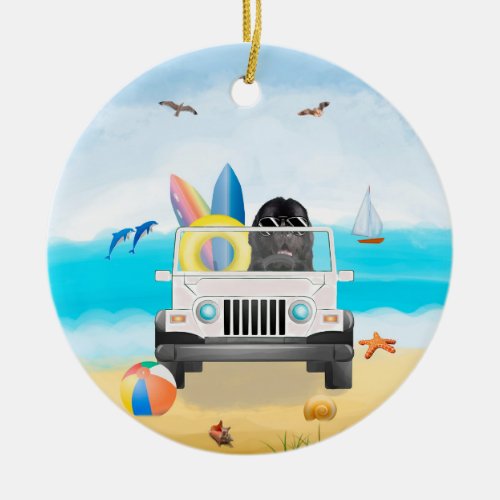  newfoundland dog Driving on Beach  Ceramic Ornament