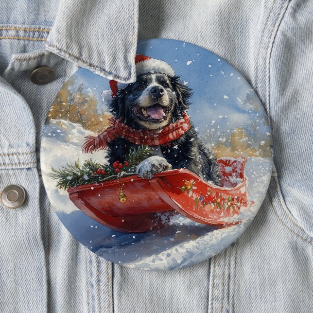 Newfoundland Dog in Sledge Let it Snow Christmas Button (In Situ)