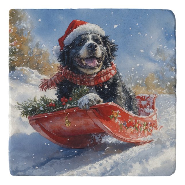 Newfoundland Dog in Sledge Let it Snow Christmas Trivet (Front)