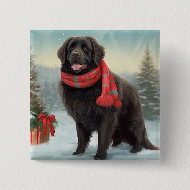 Newfoundland Dog in Snow Christmas Button (Front)
