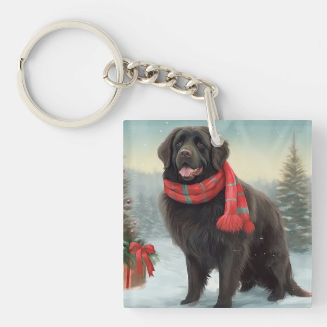 Newfoundland Dog in Snow Christmas Keychain (Front)
