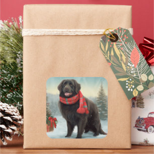 Newfoundland Dog in Snow Christmas Square Sticker