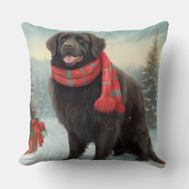 Newfoundland Dog in Snow Christmas Throw Pillow (Front)
