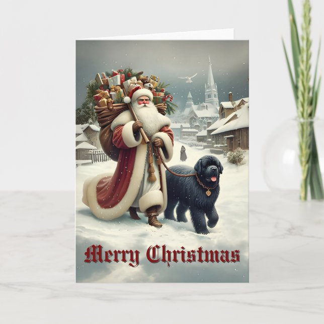 Newfoundland Dog & Old-Style Santa Holiday Card (Front)