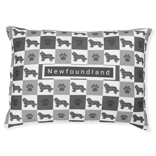 Newfoundland Dog & Paw Gray Grid Pet Bed (Front)