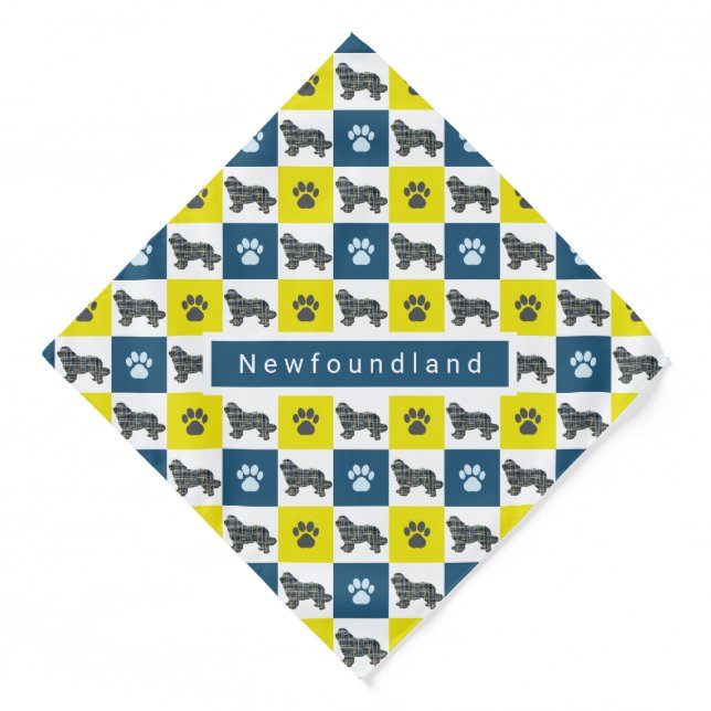 Newfoundland Dog & Paw Yellow & Blue Grid Bandana (Front)