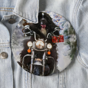 Newfoundland Dog Riding Motorcycle Christmas Button