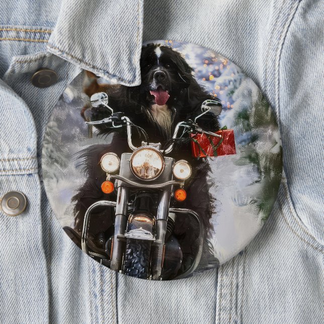 Newfoundland Dog Riding Motorcycle Christmas  Button (In Situ)