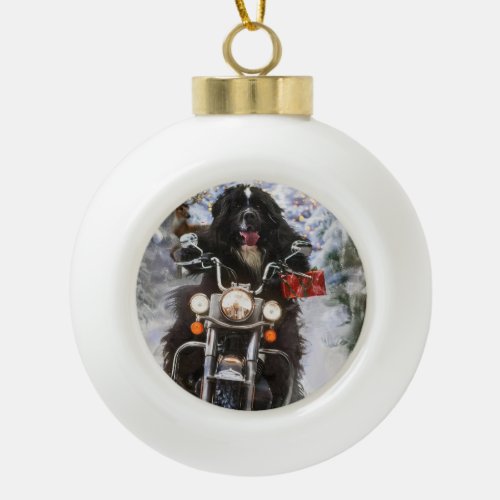 Newfoundland Dog Riding Motorcycle Christmas  Ceramic Ball Christmas Ornament