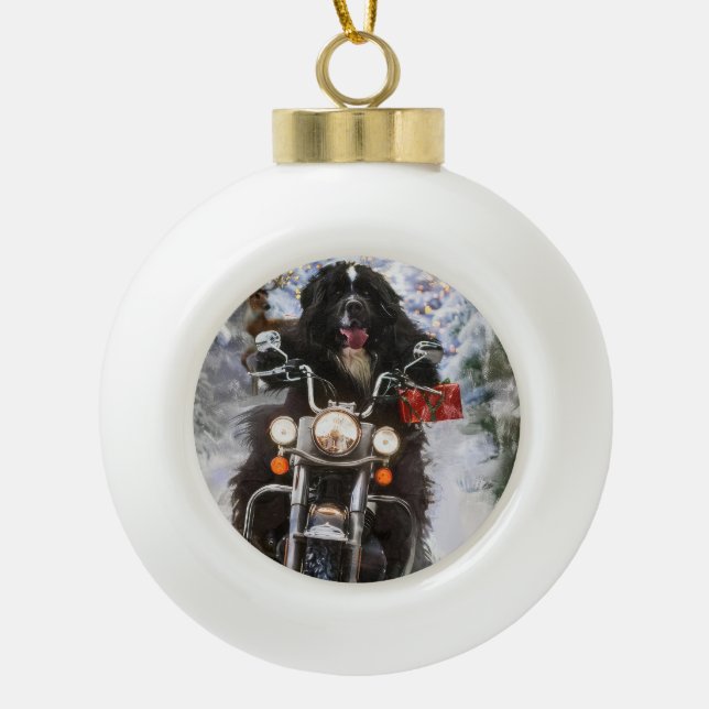 Newfoundland Dog Riding Motorcycle Christmas  Ceramic Ball Christmas Ornament (Front)