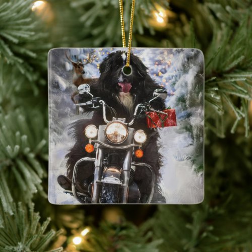 Newfoundland Dog Riding Motorcycle Christmas  Ceramic Ornament