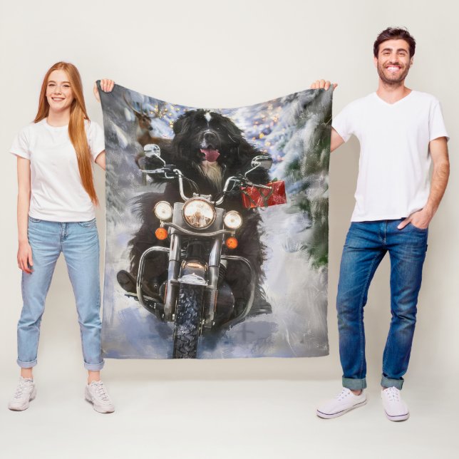 Newfoundland Dog Riding Motorcycle Christmas  Fleece Blanket (In Situ)