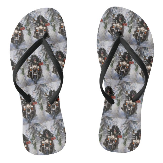 Newfoundland Dog Riding Motorcycle Christmas  Flip Flops (Footbed)