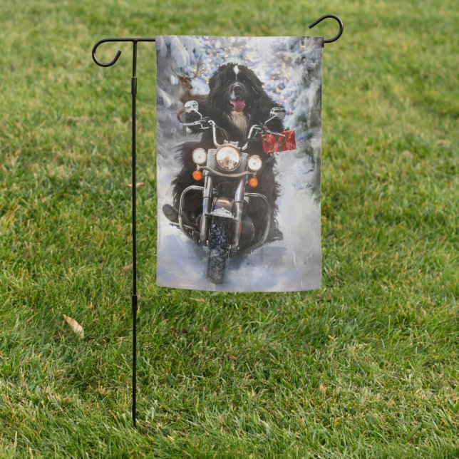 Newfoundland Dog Riding Motorcycle Christmas  Garden Flag (In SItu)