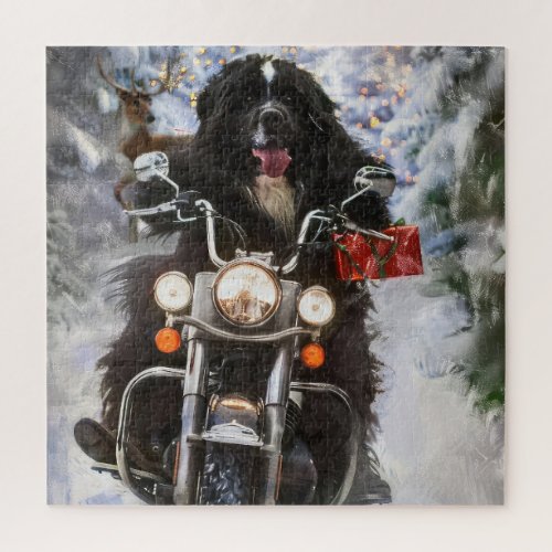 Newfoundland Dog Riding Motorcycle Christmas  Jigsaw Puzzle