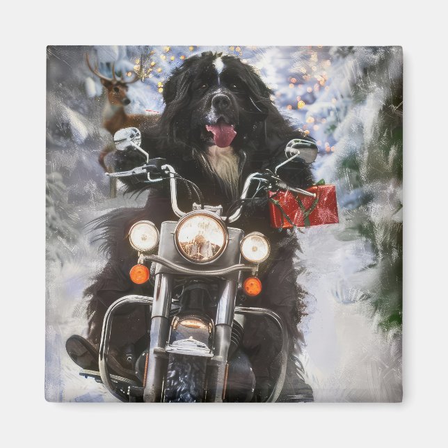 Newfoundland Dog Riding Motorcycle Christmas  Magnet (Front)
