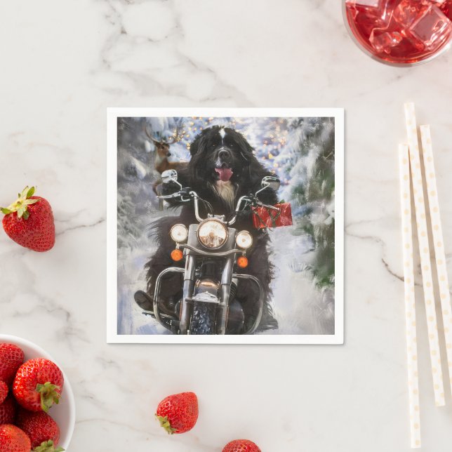 Newfoundland Dog Riding Motorcycle Christmas  Napkins (Insitu)