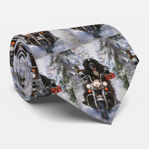 Newfoundland Dog Riding Motorcycle Christmas  Neck Tie