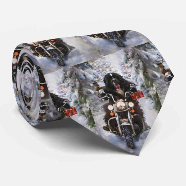 Newfoundland Dog Riding Motorcycle Christmas  Neck Tie (Rolled)