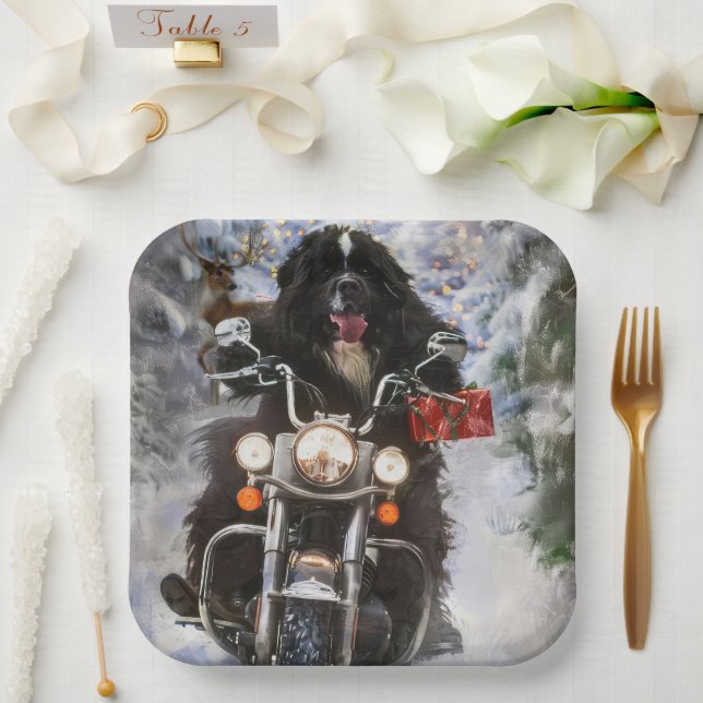 Newfoundland Dog Riding Motorcycle Christmas  Paper Plates (Wedding)