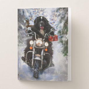 Newfoundland Dog Riding Motorcycle Christmas Pocket Folder