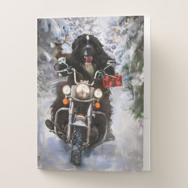 Newfoundland Dog Riding Motorcycle Christmas  Pocket Folder (Front)