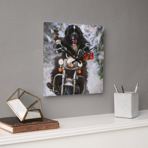 Newfoundland Dog Riding Motorcycle Christmas  Square Wall Clock