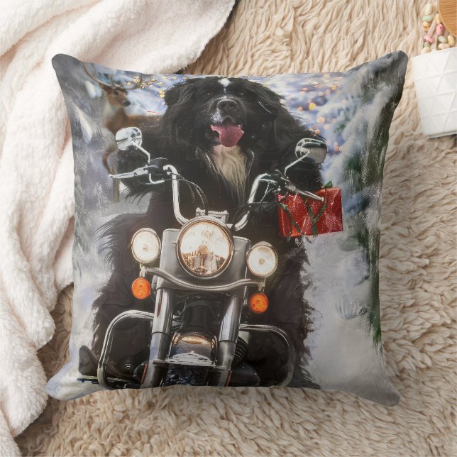 Newfoundland Dog Riding Motorcycle Christmas  Throw Pillow (Blanket)