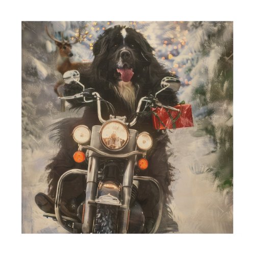 Newfoundland Dog Riding Motorcycle Christmas  Wood Wall Art