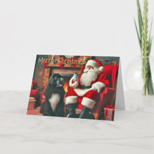 Newfoundland Dog Sitting by Santa Christmas Card