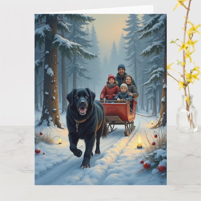 Newfoundland Dog Snowy Sleigh Ride Christmas Card (Yellow Flower)