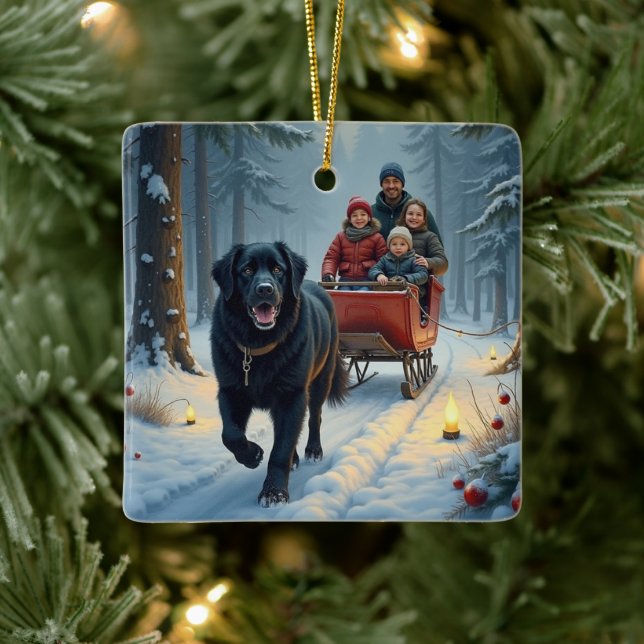 Newfoundland Dog Snowy Sleigh Ride Christmas Ceramic Ornament (Tree)