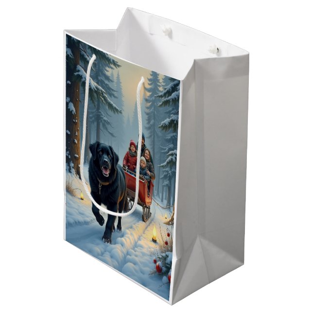 Newfoundland Dog Snowy Sleigh Ride Christmas Medium Gift Bag (Front Angled)