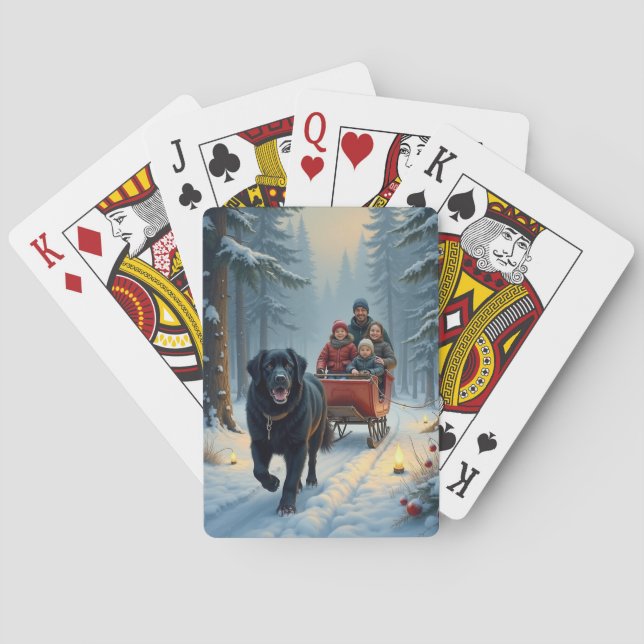 Newfoundland Dog Snowy Sleigh Ride Christmas Poker Cards (Back)