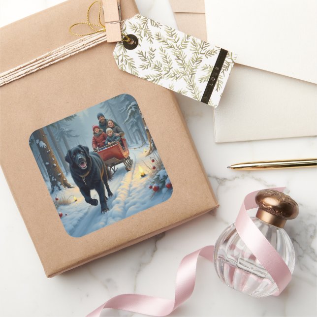 Newfoundland Dog Snowy Sleigh Ride Christmas Square Sticker (Gifting)