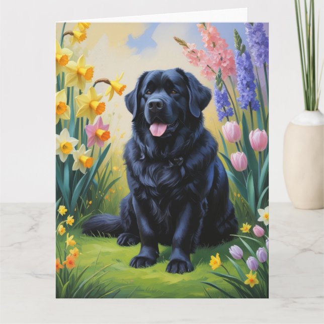 Newfoundland Dog Spring Flowers Painting Card (Front)
