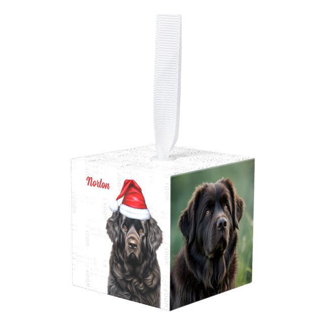 Newfoundland Dog Two Photo Christmas Holiday Cube Ornament (Front Angled)