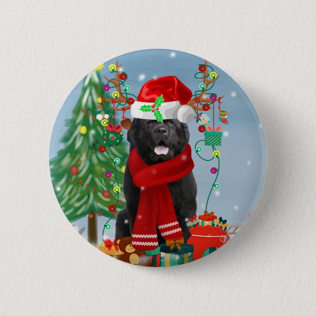 Newfoundland dog with Christmas gifts   Button (Front)