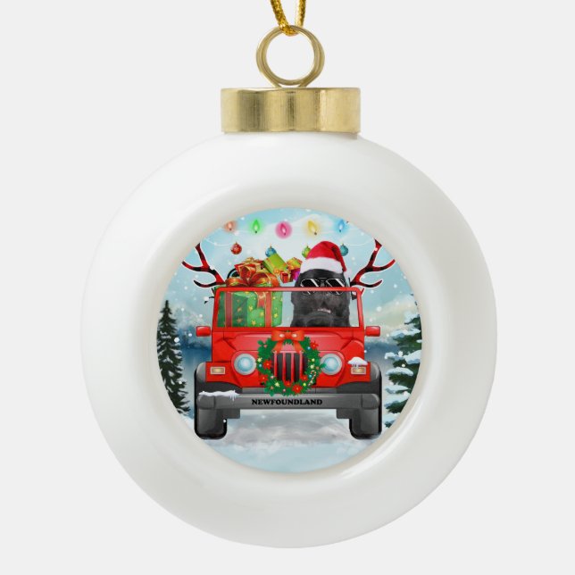 Newfoundland dog with Christmas gifts Ceramic Ball Christmas Ornament (Front)
