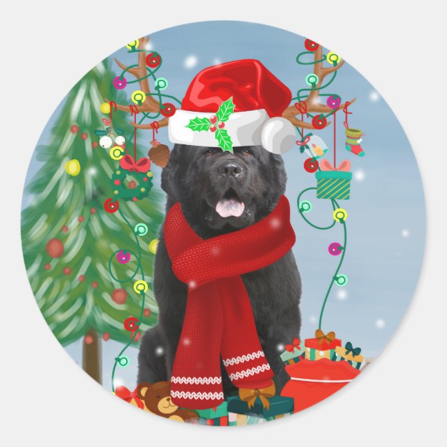 Newfoundland dog with Christmas gifts  Classic Round Sticker (Front)