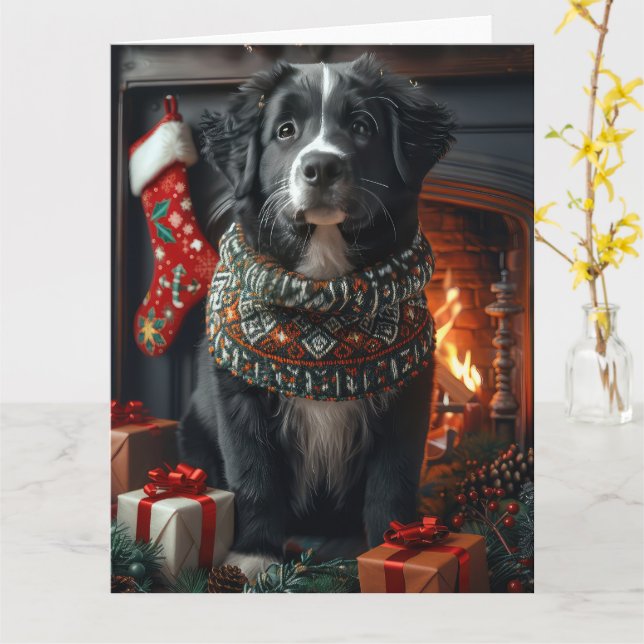Newfoundland Dog With Christmas Gifts Fireplace Card (Yellow Flower)