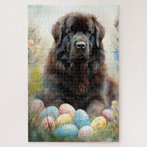 Newfoundland Dog with Easter Eggs Holiday Jigsaw Puzzle