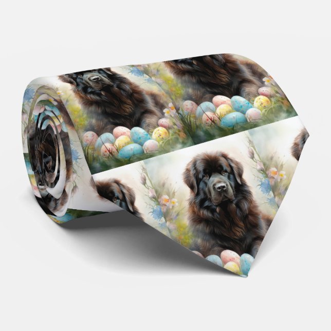 Newfoundland Dog with Easter Eggs Holiday Neck Tie (Rolled)