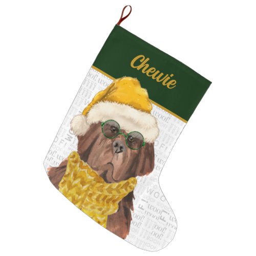 Newfoundland Dog with Name Woof Background Large Christmas Stocking