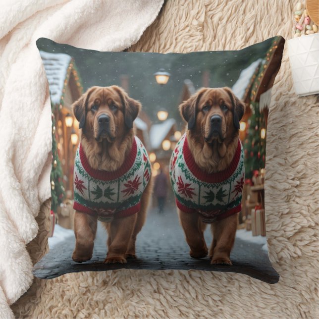 Newfoundland Dogs Christmas Snow Holiday Throw Pillow (Blanket)